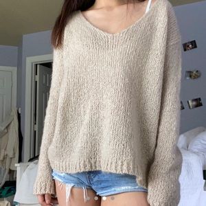 oatmeal knit sweater w a v neck